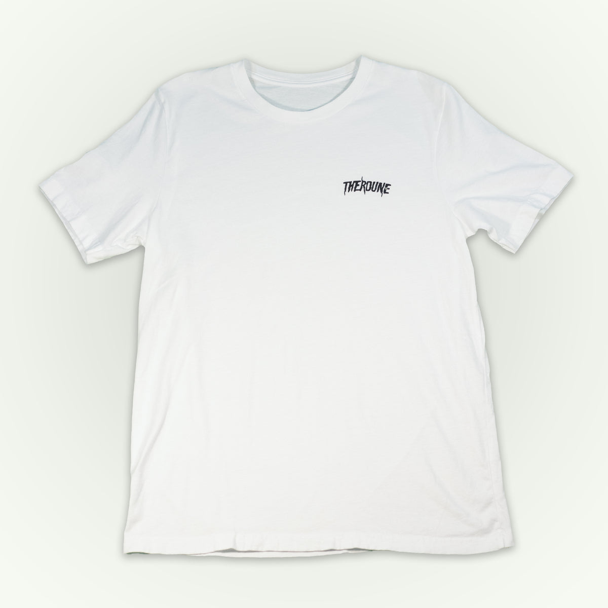 A white short-sleeve crewneck t-shirt laid flat against a light off-white background. A black Therdune logo is printed on the left chest.
