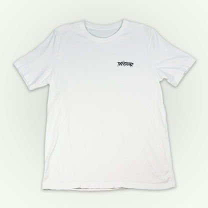 A white short-sleeve crewneck t-shirt laid flat against a light off-white background. A black Therdune logo is printed on the left chest.