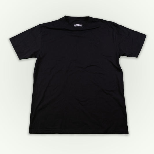 A black short-sleeve crewneck t-shirt laid flat against a light off-white background. The brand name 'Therdune' is embroidered in black on the left chest.