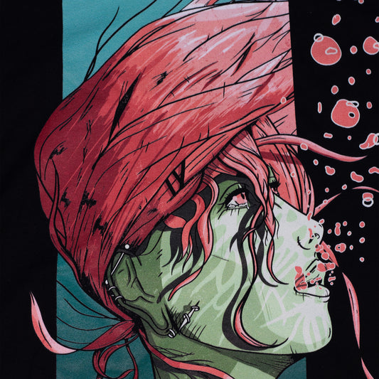 Black shirt with a woman underwater with pink hair. 