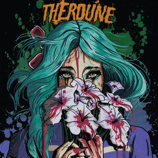 Black shirt with a stylized illustration of a person with teal hair and colorful makeup. holding flowers in front of their face.