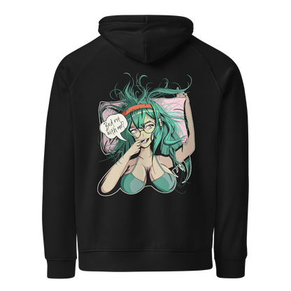 back of black hoodie, with anime style woman, teal hair and bra, with speech bubble saying "Bed Rot With Me?".