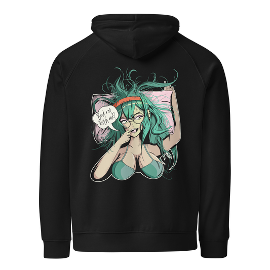 back of black hoodie, with anime style woman, teal hair and bra, with speech bubble saying "Bed Rot With Me?".