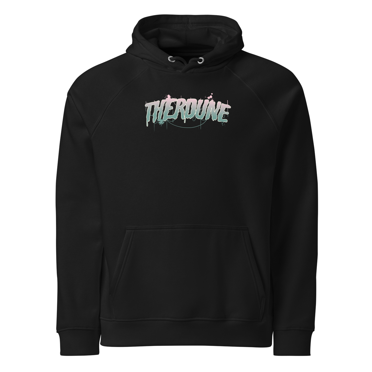 Front of hoodie with stylied pink and teal Therdune logo.