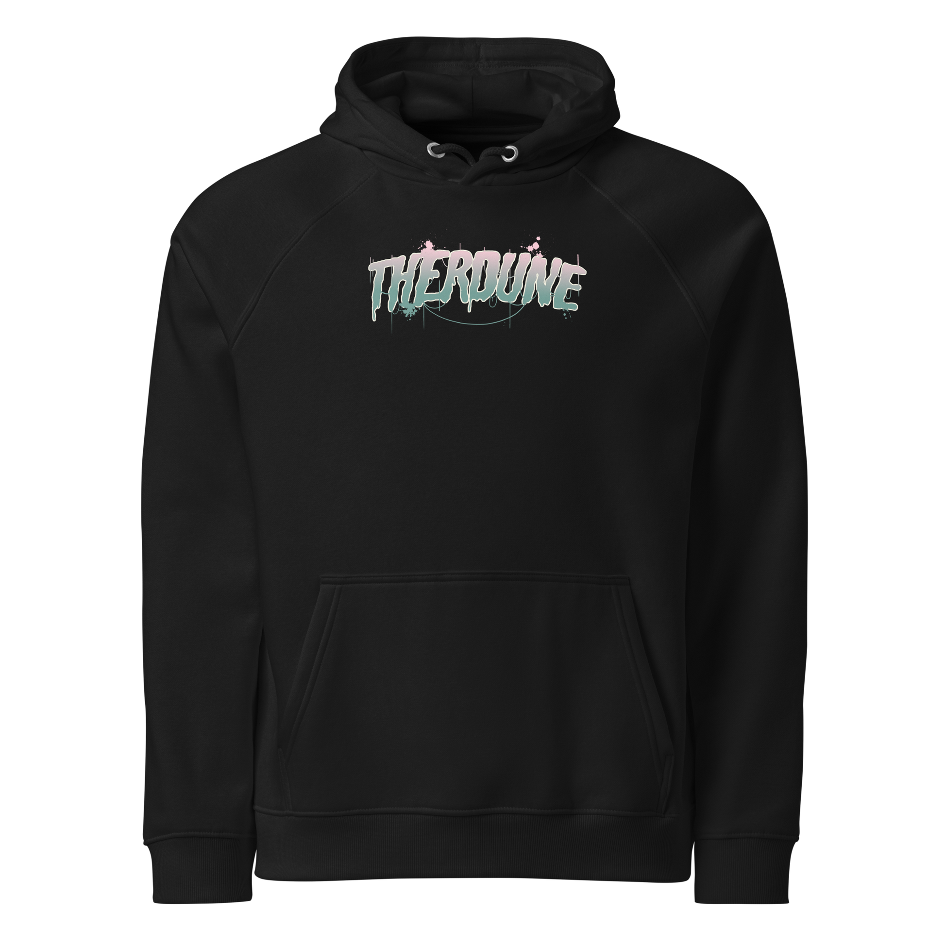 Front of hoodie with stylied pink and teal Therdune logo.