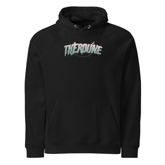 Front of hoodie with stylied pink and teal Therdune logo.