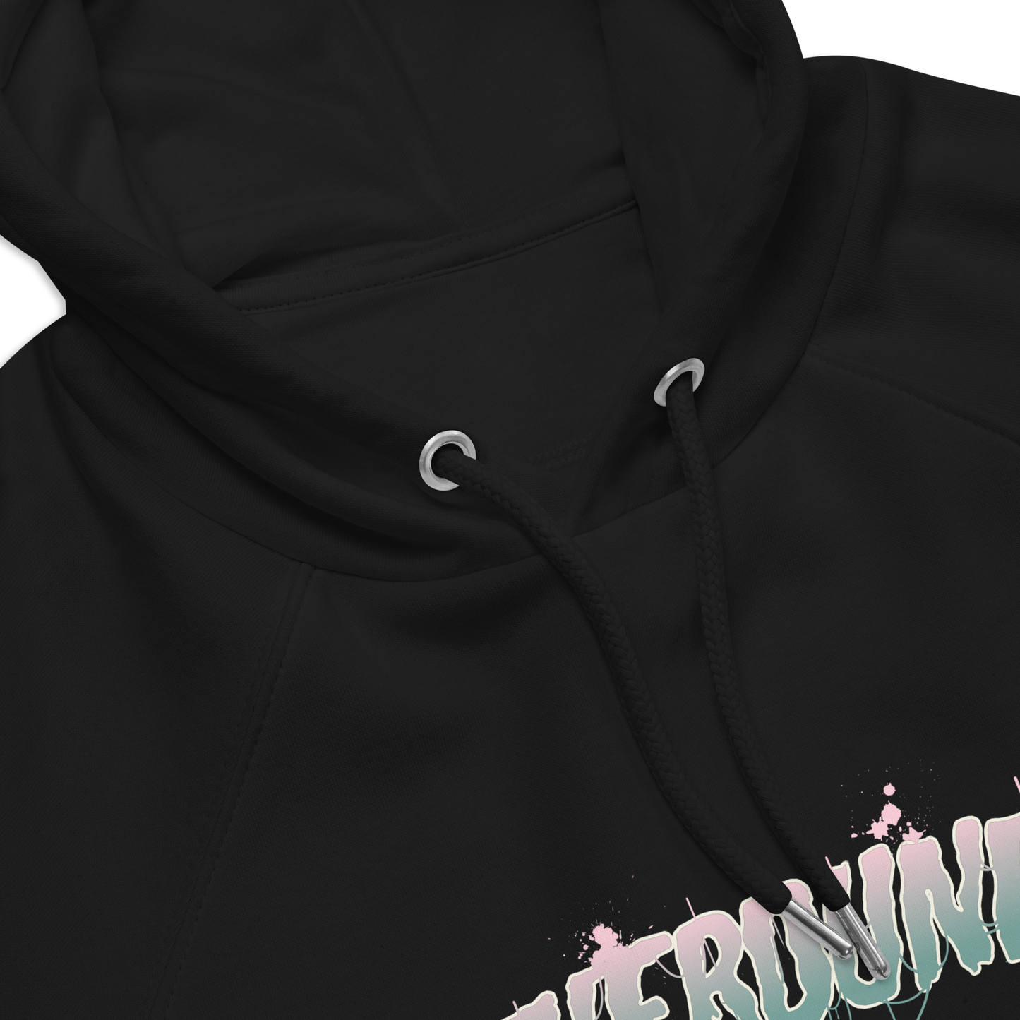 Close up of hoodie draw strings, with pink and teal Therdune logo.