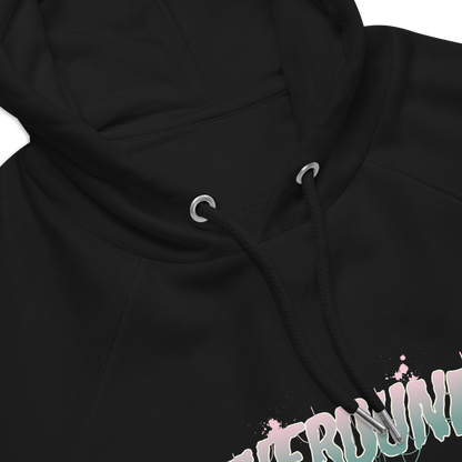 Close up of hoodie draw strings, with pink and teal Therdune logo.