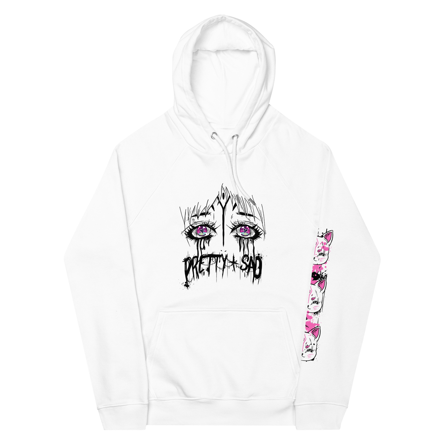 A white hoodie with a graphic print of stylized eyes and the text 'Pretty & Sad' on the front.