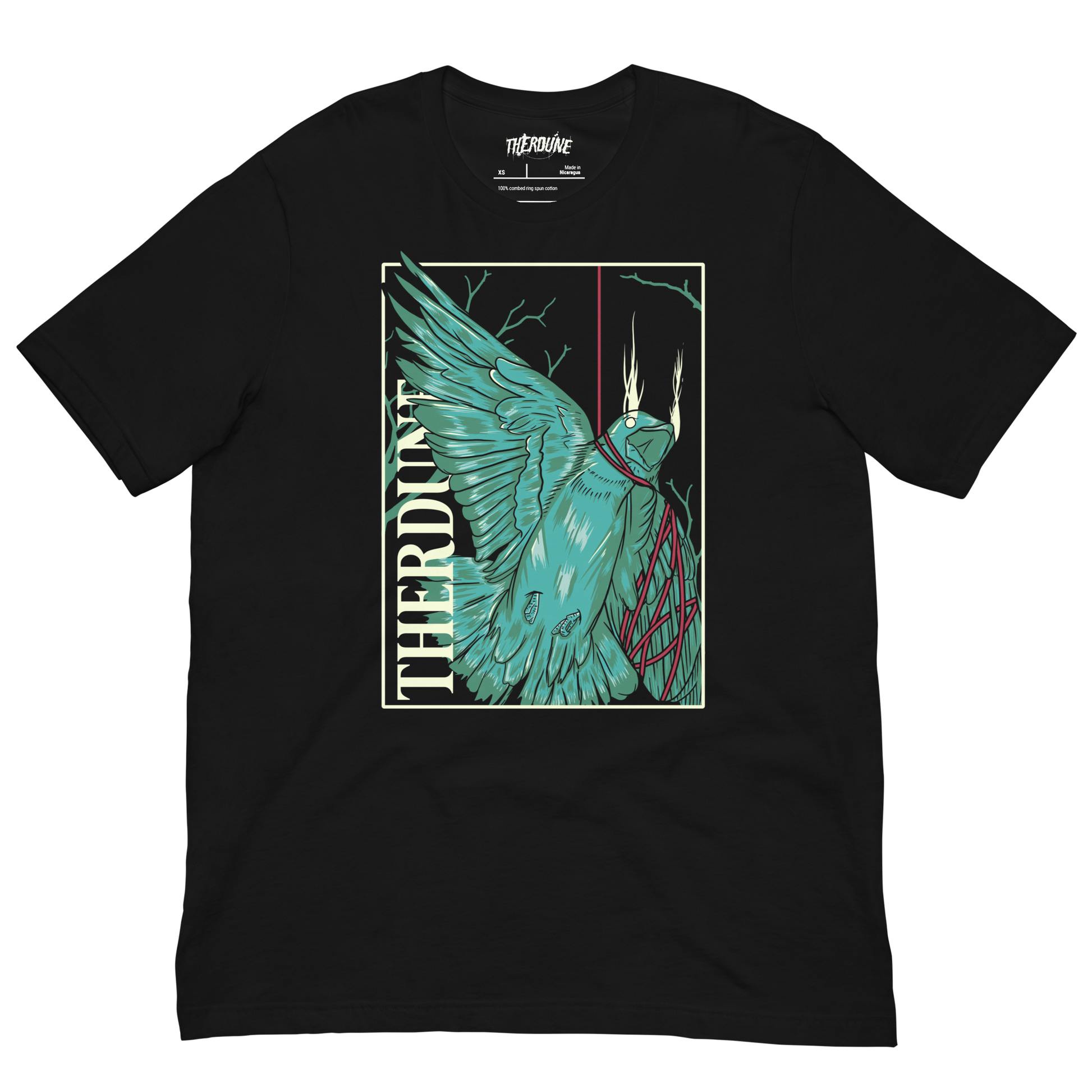 Black shirt with stylized graphic of a green bird, one wing and neck is wrapped up with a red piece of string. "Therdune" logo written on left side vertically. Flat lay on transparent background.