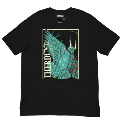 Black shirt with stylized graphic of a green bird, one wing and neck is wrapped up with a red piece of string. "Therdune" logo written on left side vertically. Flat lay on transparent background.