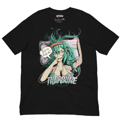 Black shirt with anime style woman, teal hair and bra, with speech bubble saying "Bed Rot With Me?". Flat lay on transparent background.