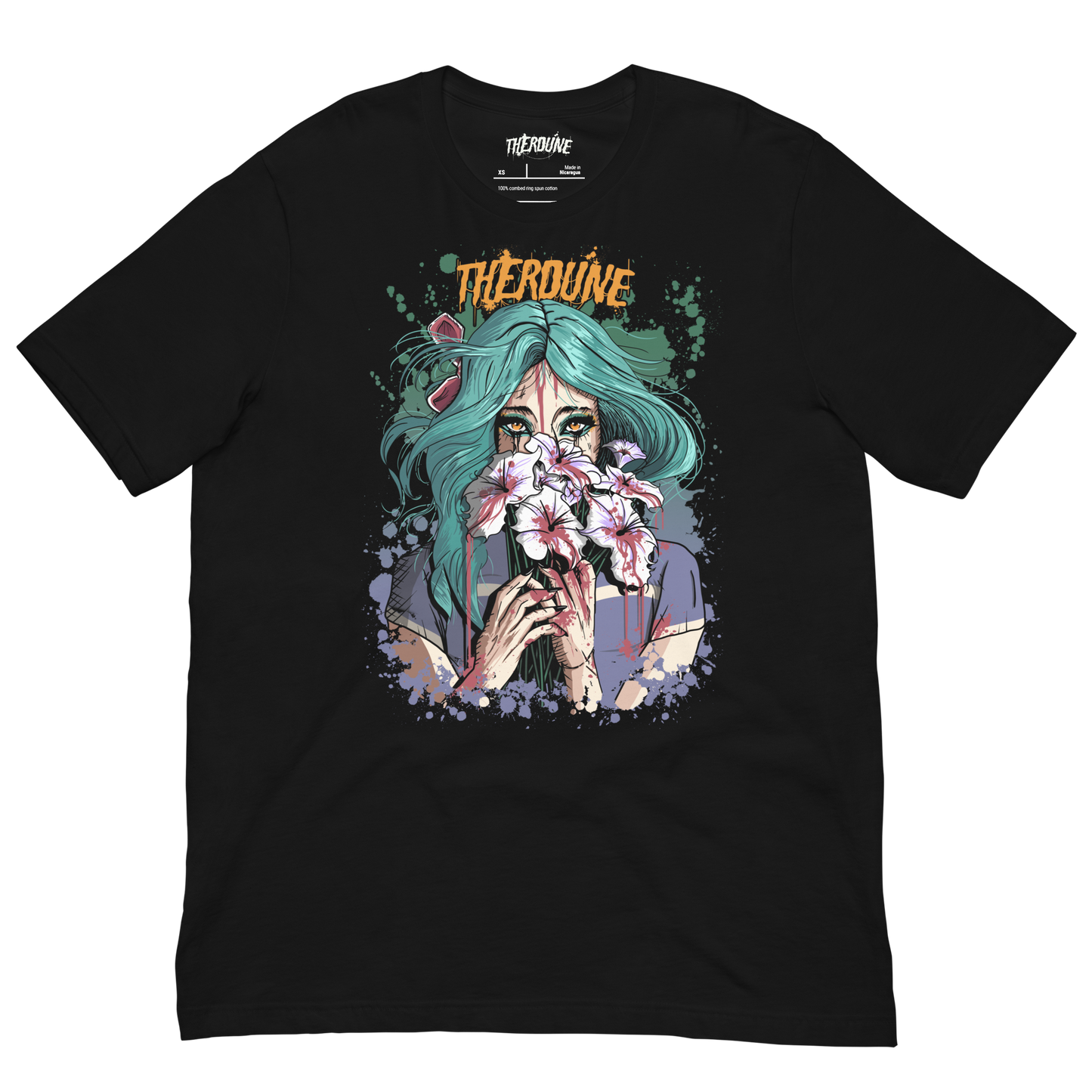 Black shirt with a stylized illustration of a person with teal hair and colorful makeup. Flat lay on transparent background.