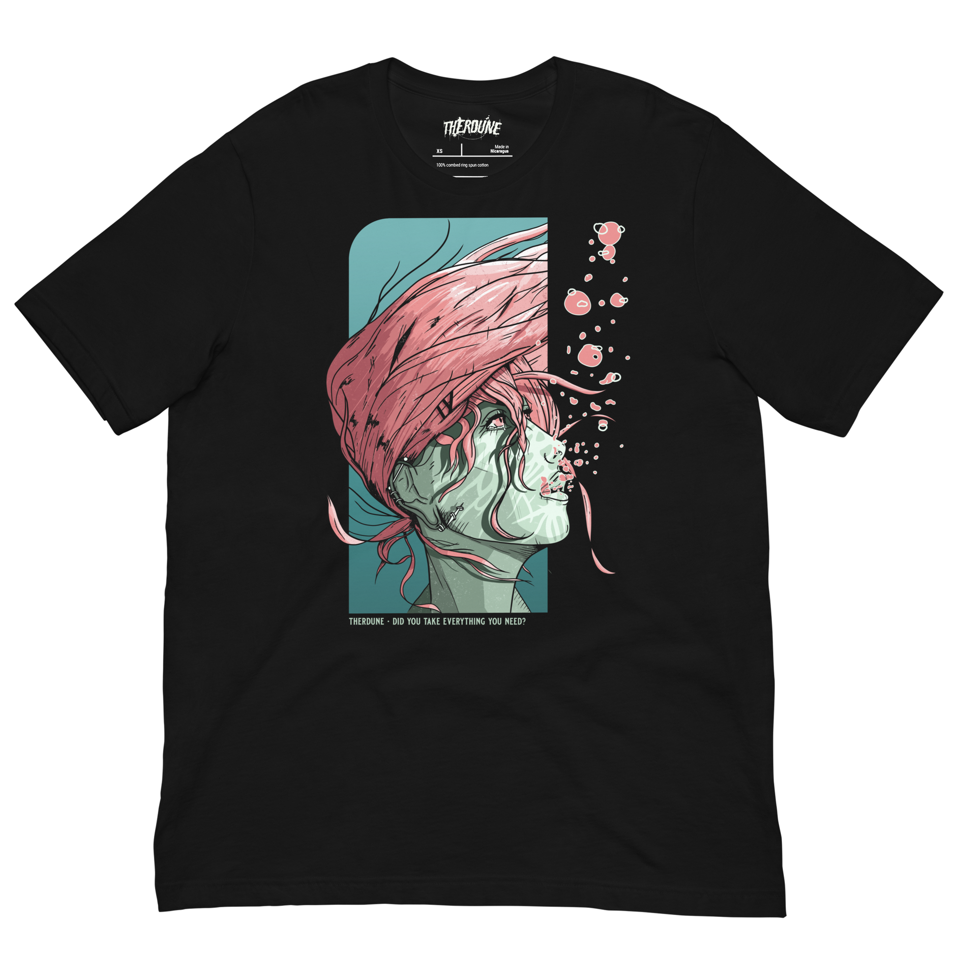 Black shirt with a woman underwater with pink hair. Text that says "Did you take everything you need? - Therdune". flat lay on transparent background.