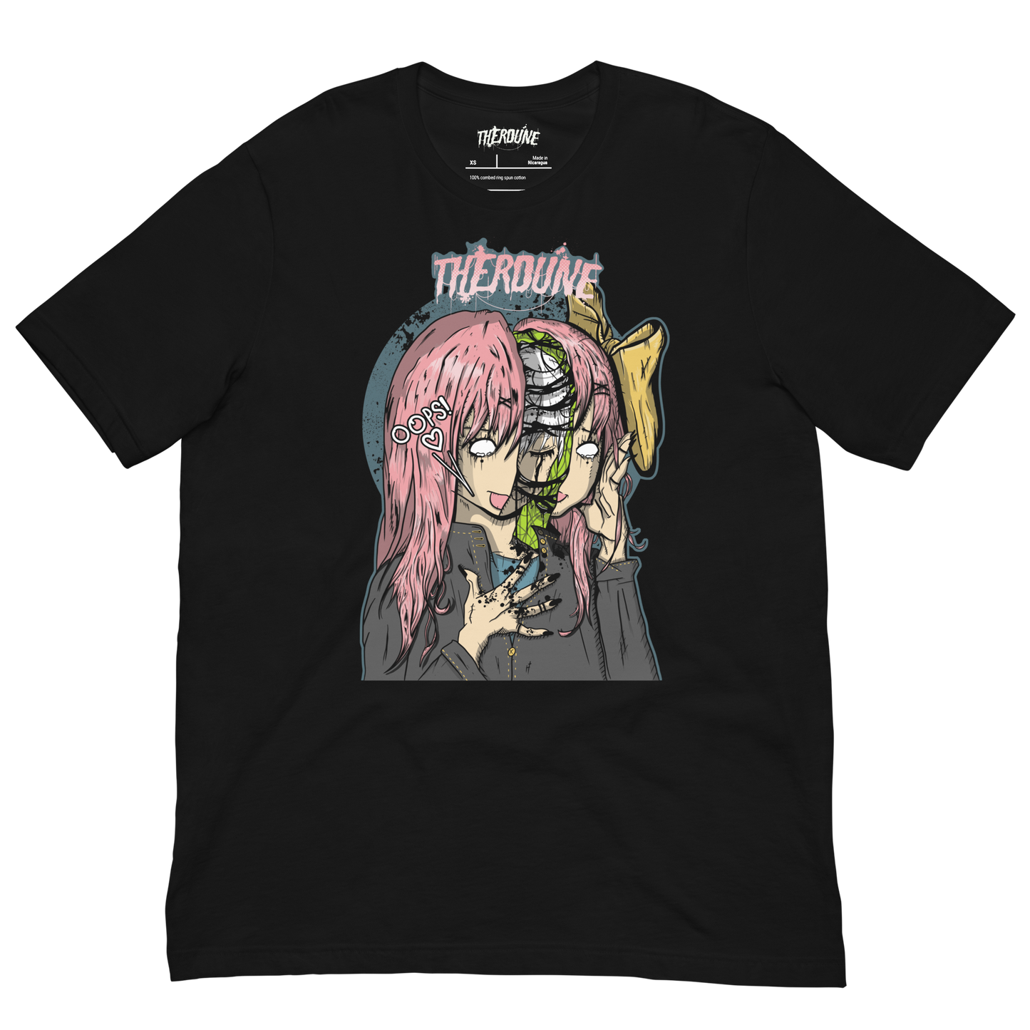 Black shirt with an anime face splitting in half with a crying person inside. flat lay on transparent background.