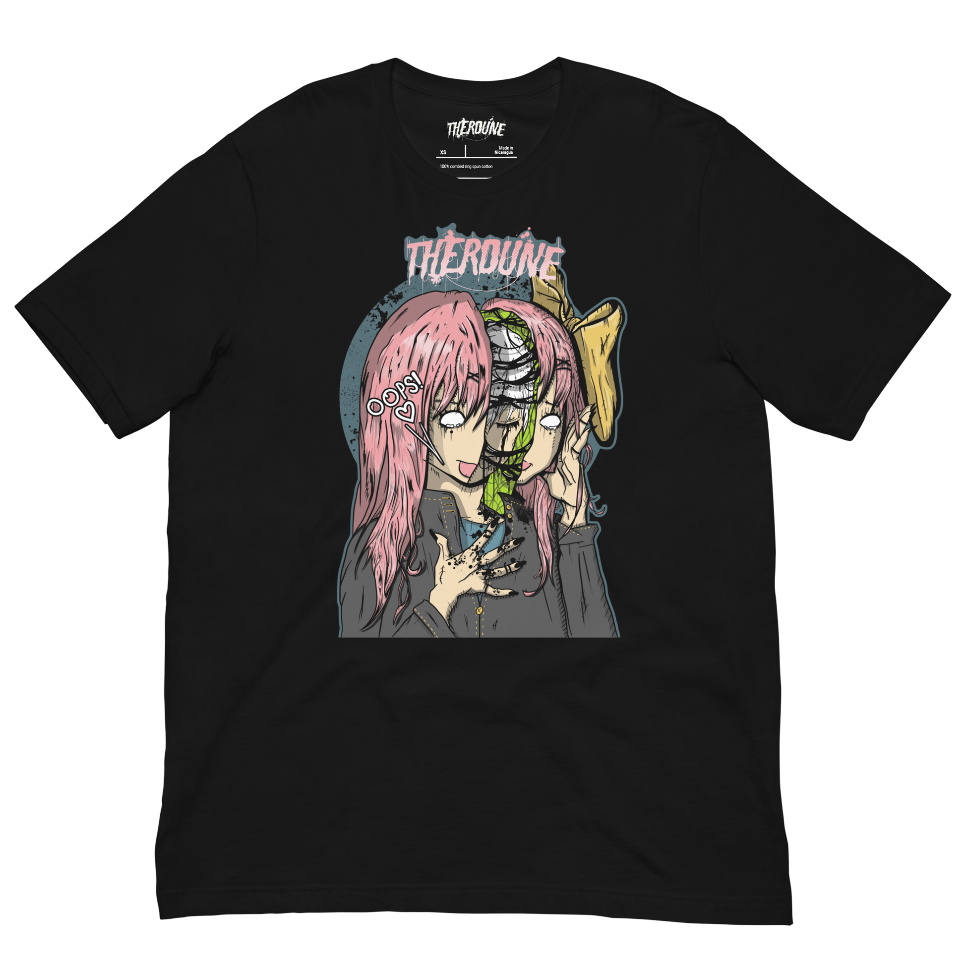 Black shirt with an anime face splitting in half with a crying person inside. flat lay on transparent background.