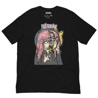 Black shirt with an anime face splitting in half with a crying person inside. flat lay on transparent background.