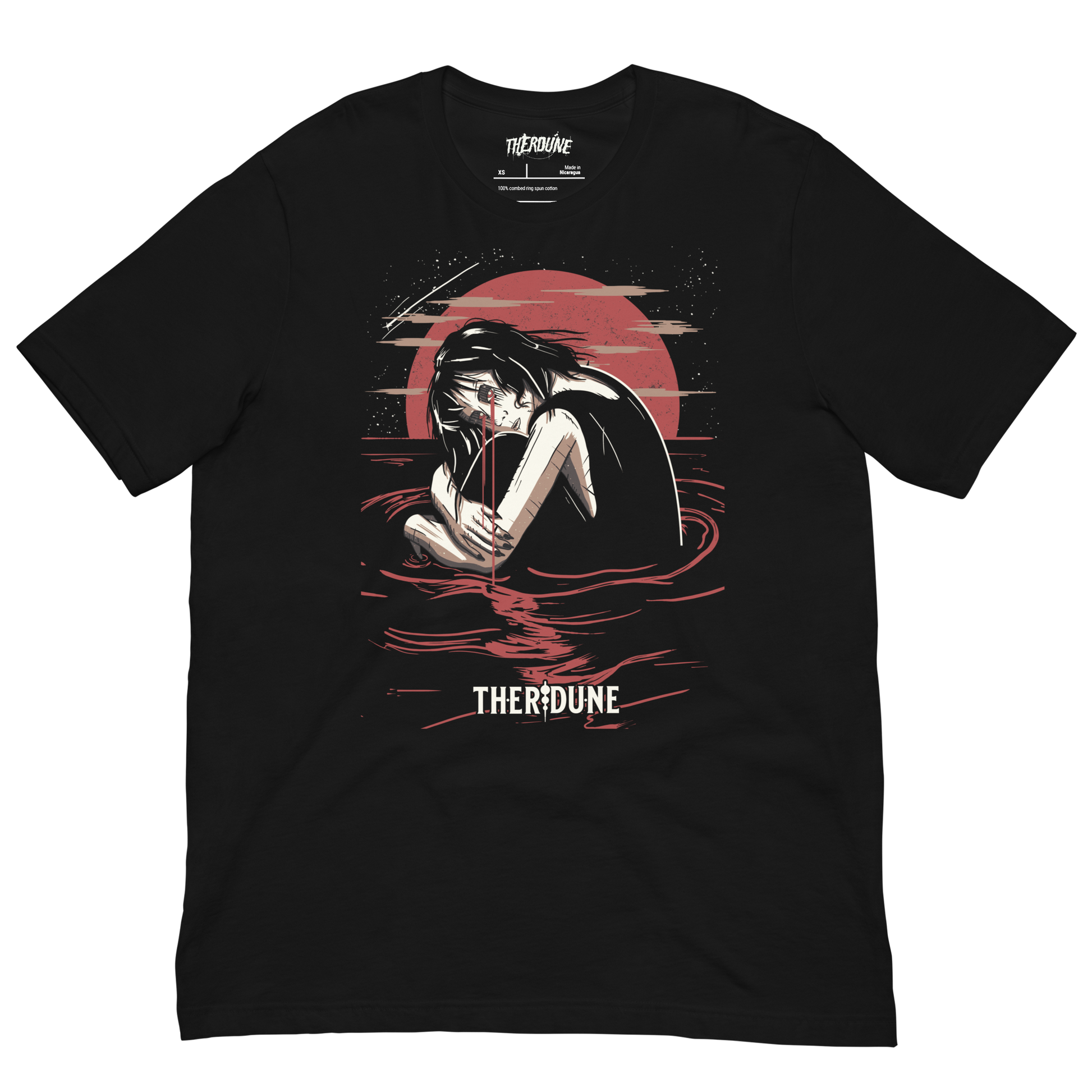 Black shirt with a graphic of a woman crying in knee high water with a red moon in the background. Flat lay on transparent background.