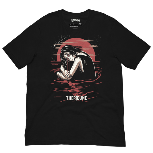 Black shirt with a graphic of a woman crying in knee high water with a red moon in the background. Flat lay on transparent background.