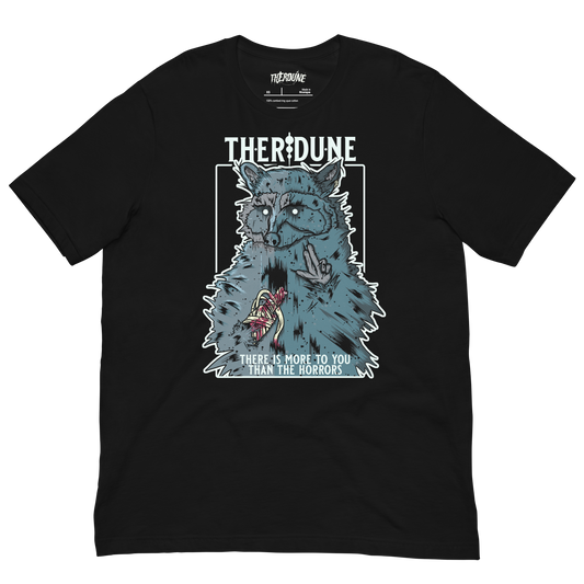Black shirt with a graphic of a raccoon with an injured, bandaged arm. Text that says "There is more to you than the horrors" flat lay on transparent background.