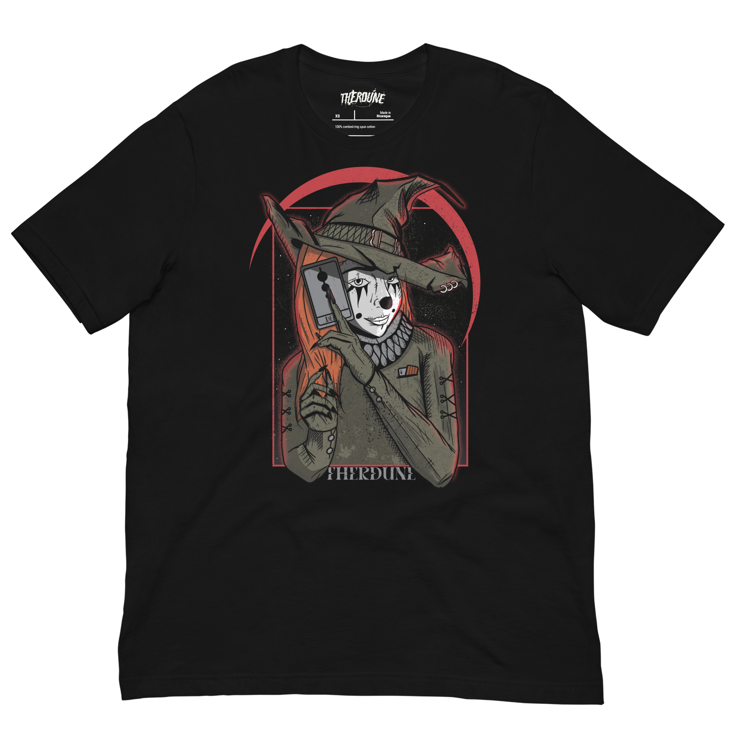 Black shirt with a graphic of a witch clown holding a tarrot card. flat lay on transparent background.