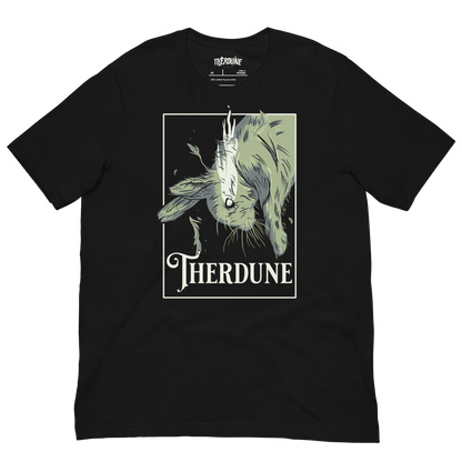 Black shirt with graphic of a falling rabbit, smokey tears coming out from the rabbit's eye. "Therdune" logo framed below. Flat lay on transparent background.