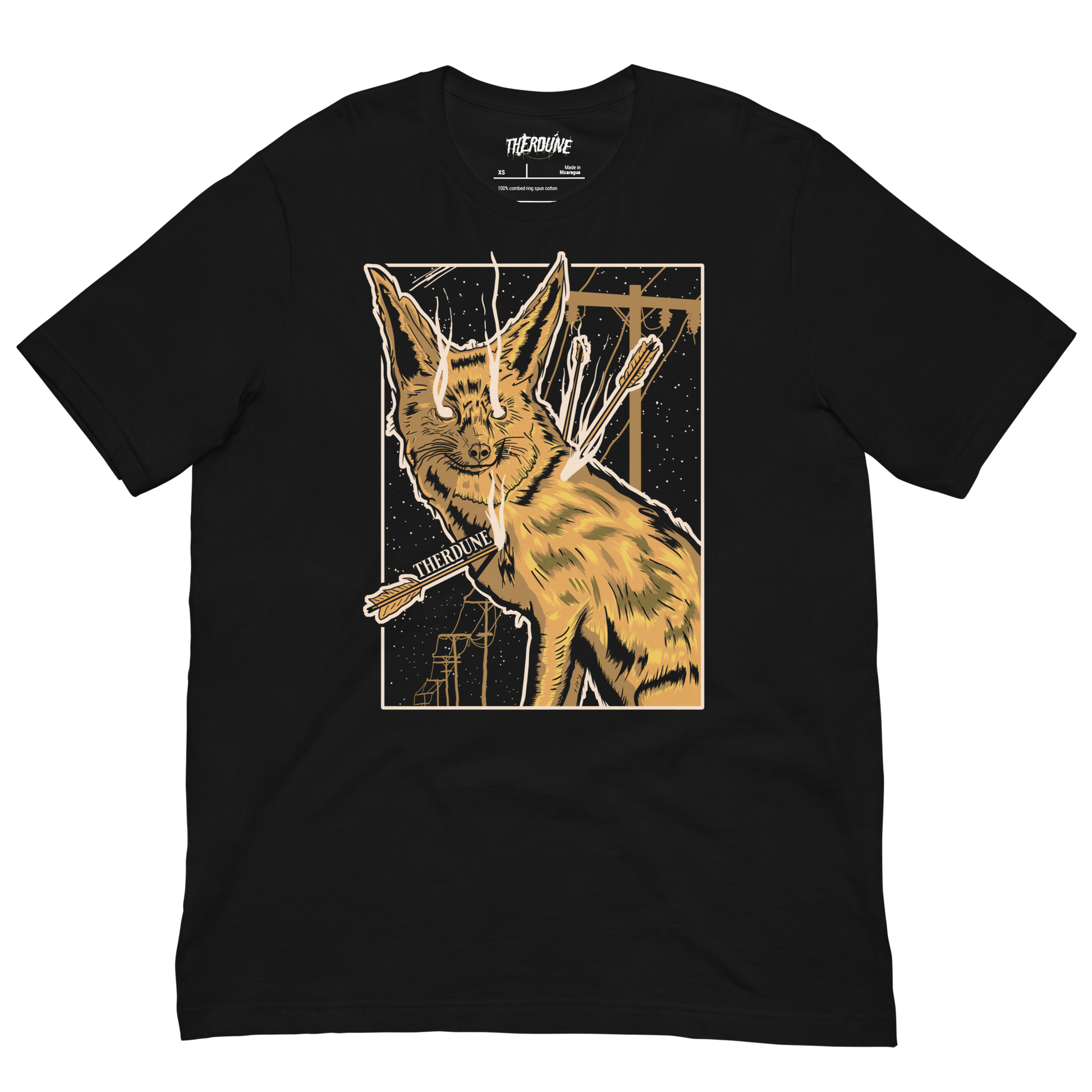 Black shirt with a graphic of a fox impaled with arrows. flat lay on transparent background.