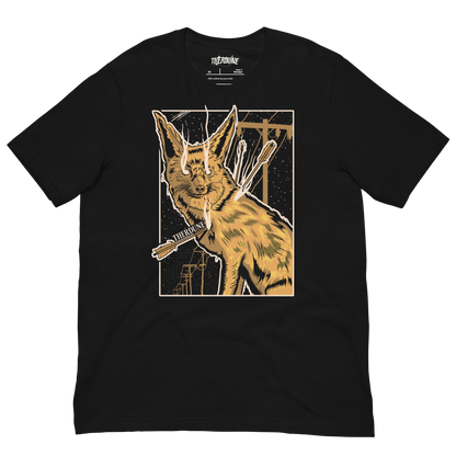 Black shirt with a graphic of a fox impaled with arrows. flat lay on transparent background.