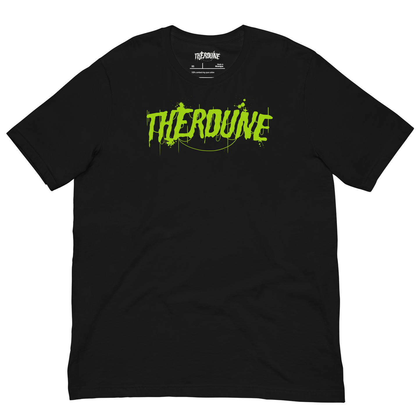 Black shirt with "Therdune" logo flat lay on transparent background.