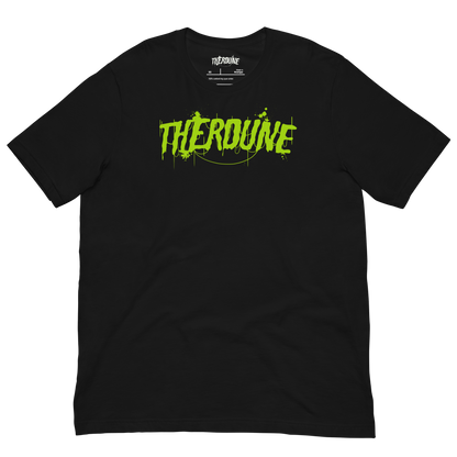 Black shirt with "Therdune" logo flat lay on transparent background.