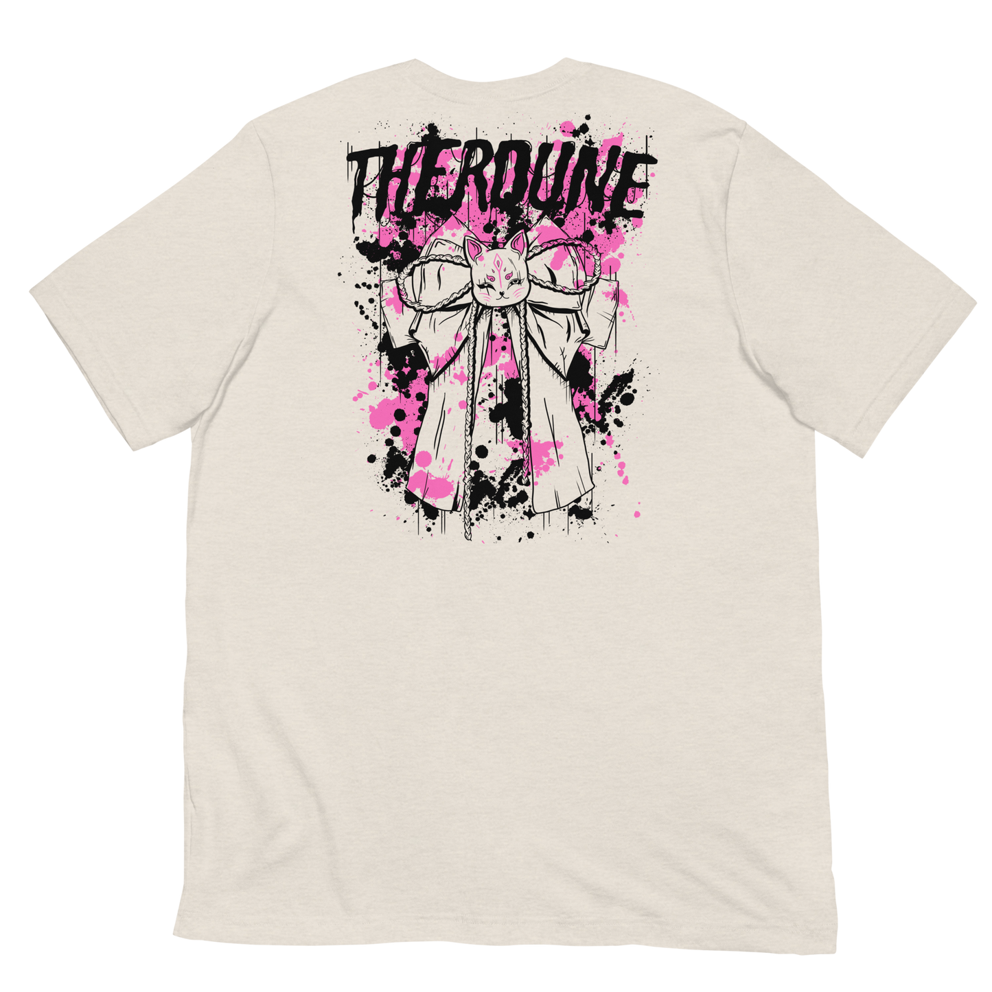 Back of cream color shirt with a graphic of a bow with pink and black paint splatter and a Therdune logo. flat lay on transparent background.