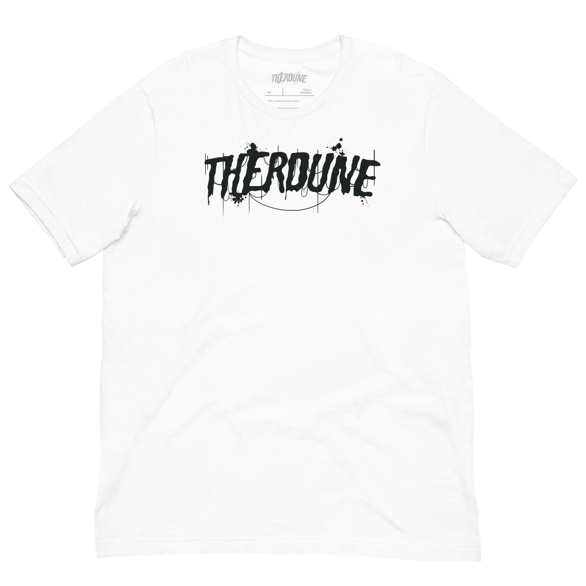 White shirt with "Therdune" logo flat lay on transparent background.