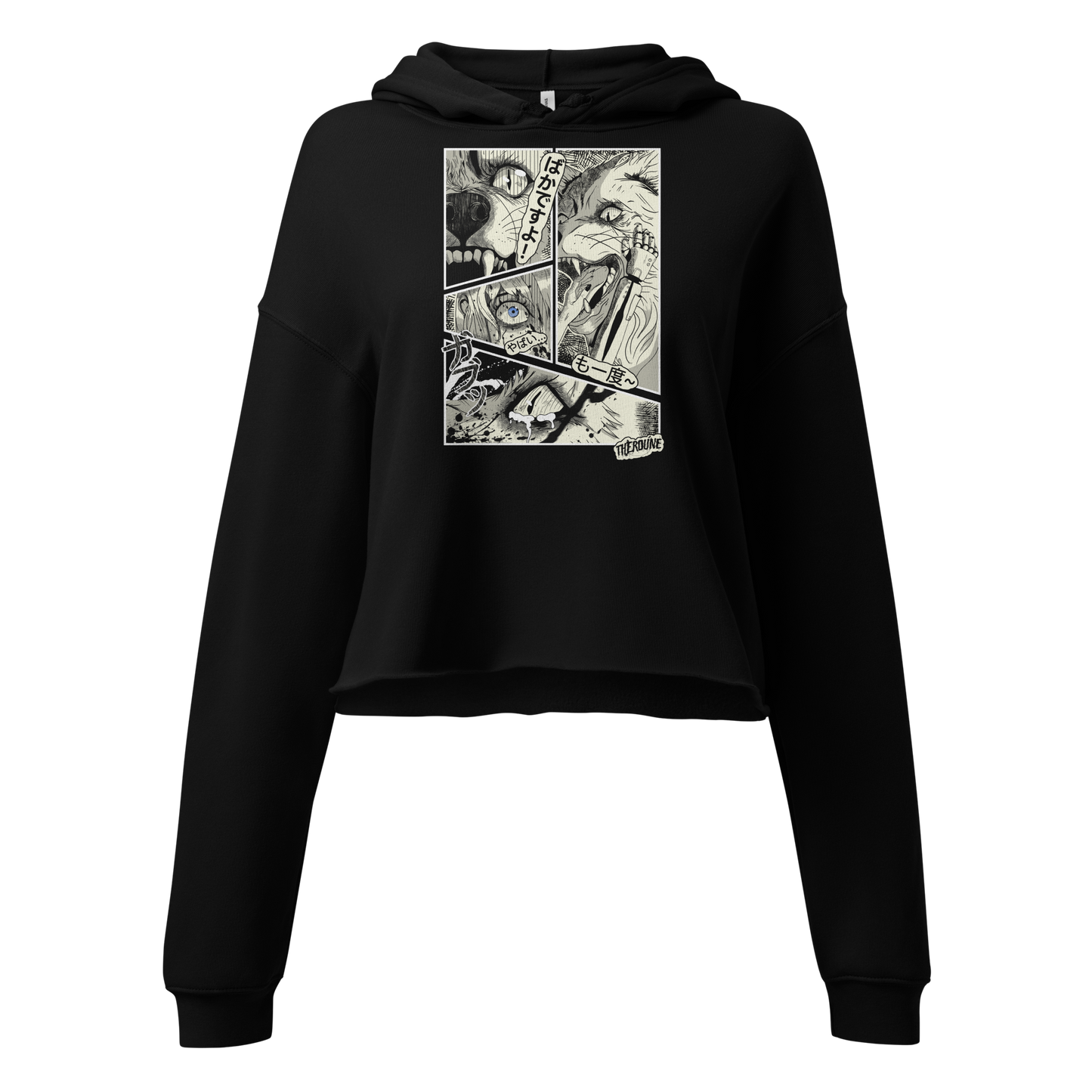 Feminine style cropped black hoodie with 4 panel manga style illustration with japanese text and Therdune logo.