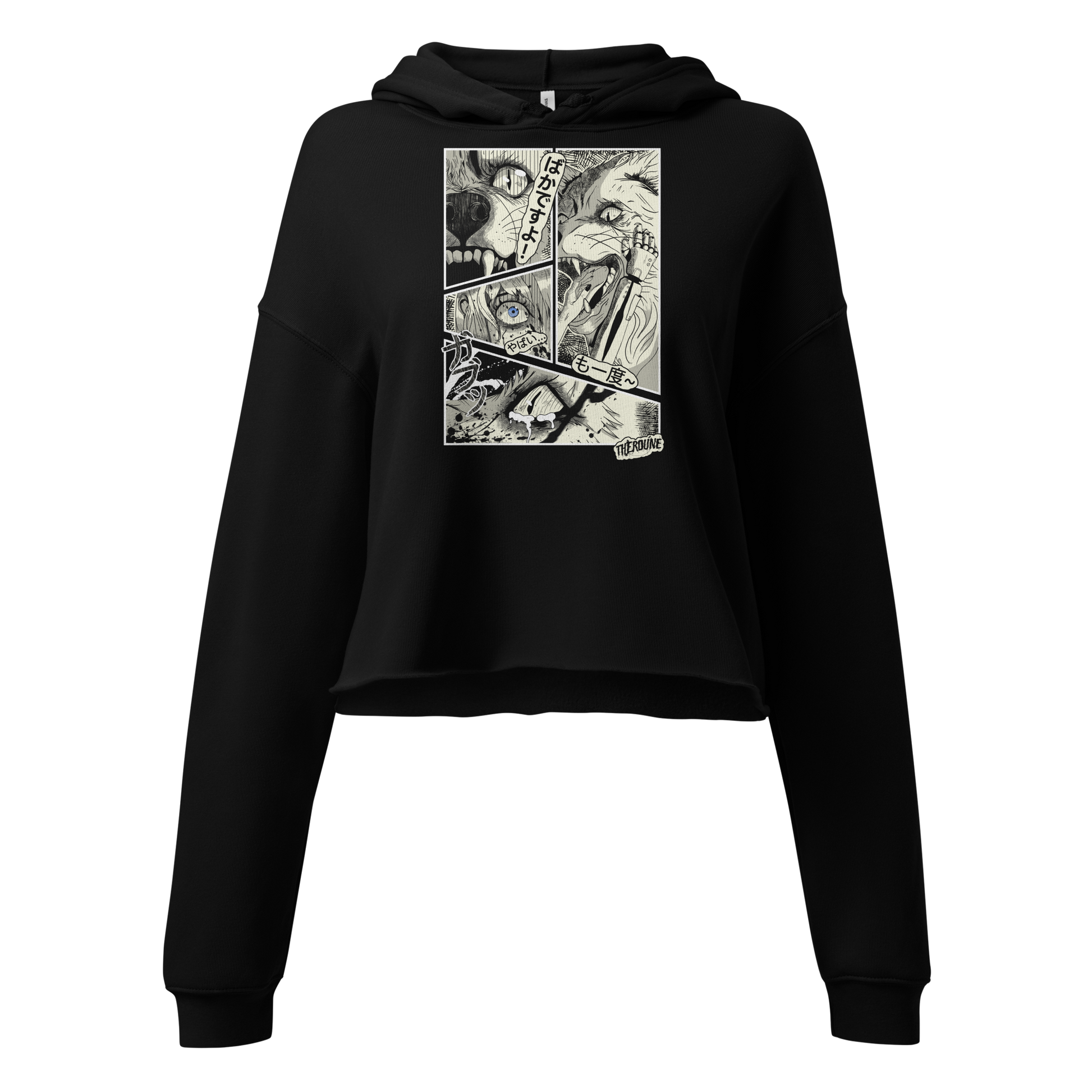 Feminine style cropped black hoodie with 4 panel manga style illustration with japanese text and Therdune logo.