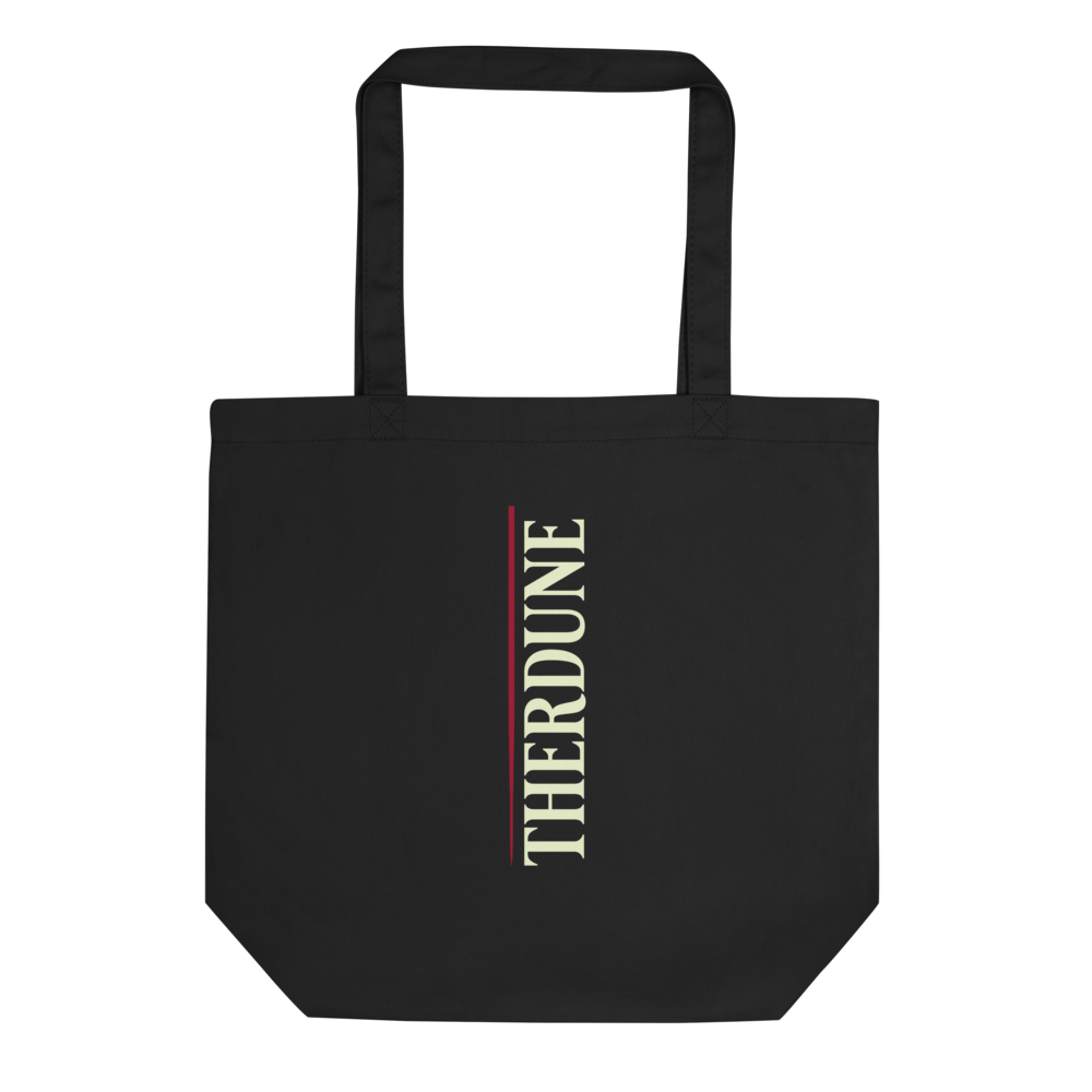 Black tote bag with a red line down the side, with "Therdune" logo appearing vertically 