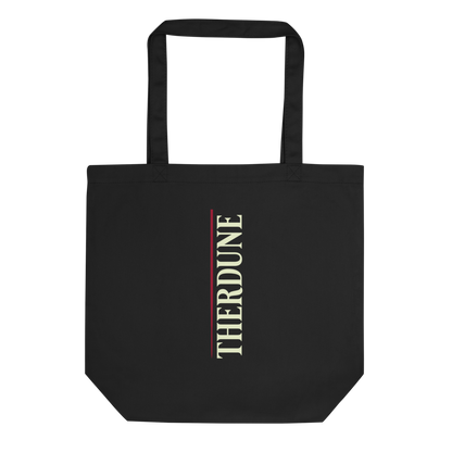Black tote bag with a red line down the side, with "Therdune" logo appearing vertically 