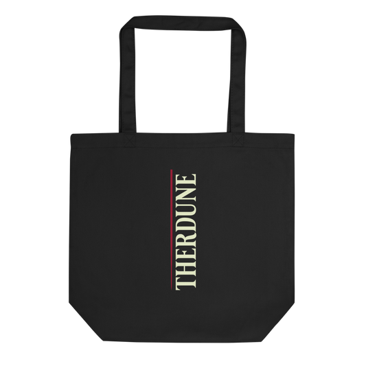 Black tote bag with a red line down the side, with "Therdune" logo appearing vertically 