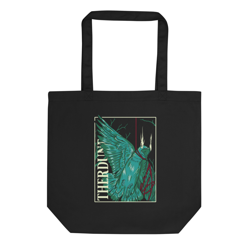 Black tote bag with stylized graphic of a green bird, one wing and neck is wrapped up with a red piece of string. "Therdune" logo written on left side vertically 