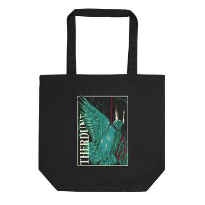 Black tote bag with stylized graphic of a green bird, one wing and neck is wrapped up with a red piece of string. "Therdune" logo written on left side vertically 