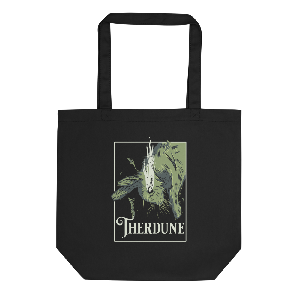 Black tote bag with graphic of a falling rabbit, smokey tears coming out from the rabbit's eye. "Therdune" logo framed below. 