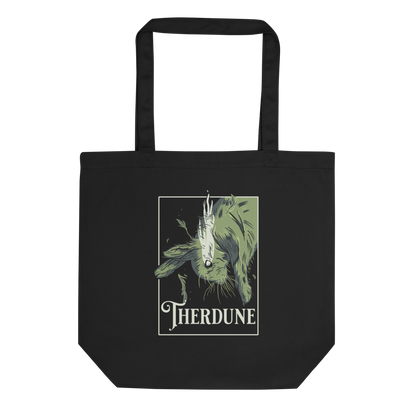 Black tote bag with graphic of a falling rabbit, smokey tears coming out from the rabbit's eye. "Therdune" logo framed below. 