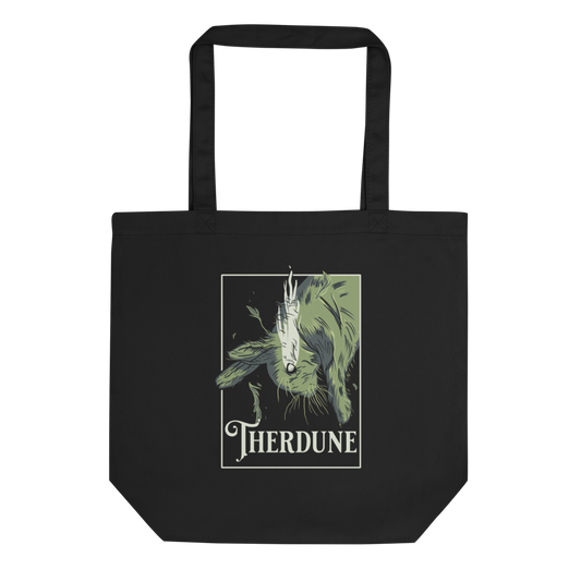 Black tote bag with graphic of a falling rabbit, smokey tears coming out from the rabbit's eye. "Therdune" logo framed below. 